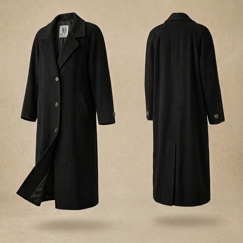 Vintage 90s Jones New York Black 100% Pure Wool Overcoat Trench Coat Women